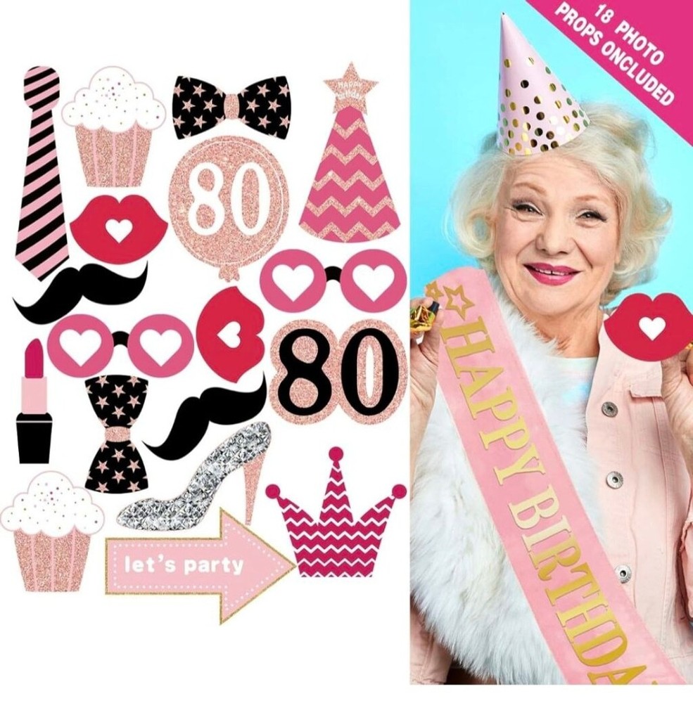 Women 80th Party Photo Props One Size Pink Gold