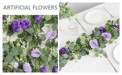 2 Pack 13Ft Artificial Eucalyptus Flower Garland with Purple Roses, Fake Rose