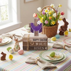Easter He Is Risen Wooden Sign Table Centerpiece Cross Faux Book 4 PCS