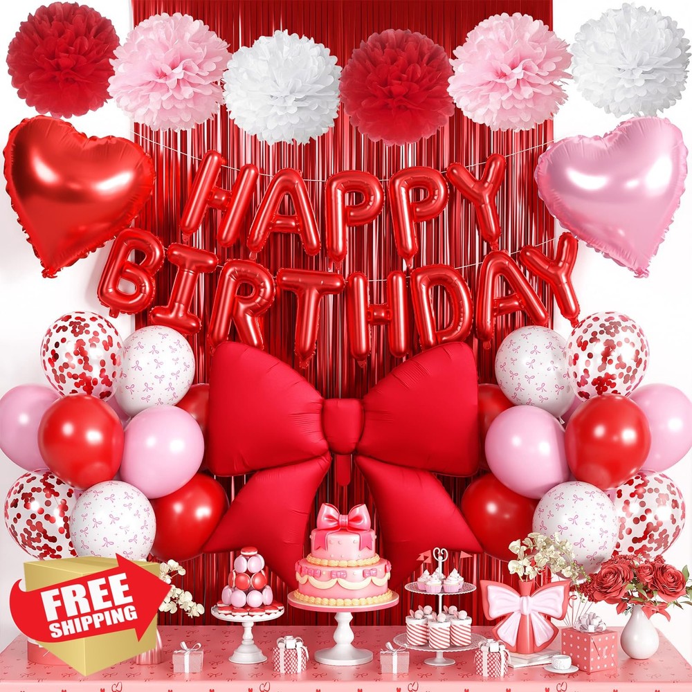 Adorely Red Pink Bow Birthday Decorations