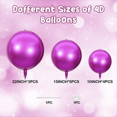 12PCS Hot Pink Round Foil Balloons, 22″ 15″ 10″ Large 4D Ball Balloons Metall…