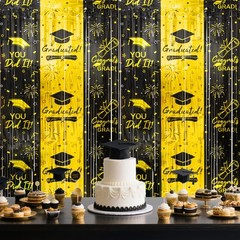 2 Pack Black Gold Graduation Tinsel Foil Fringe Curtain Backdrop 3.3×6.6 FT
