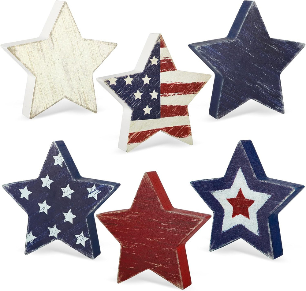 4th of July Decorations Wooden Star Set of 6, Red White and Blue Decorations,…