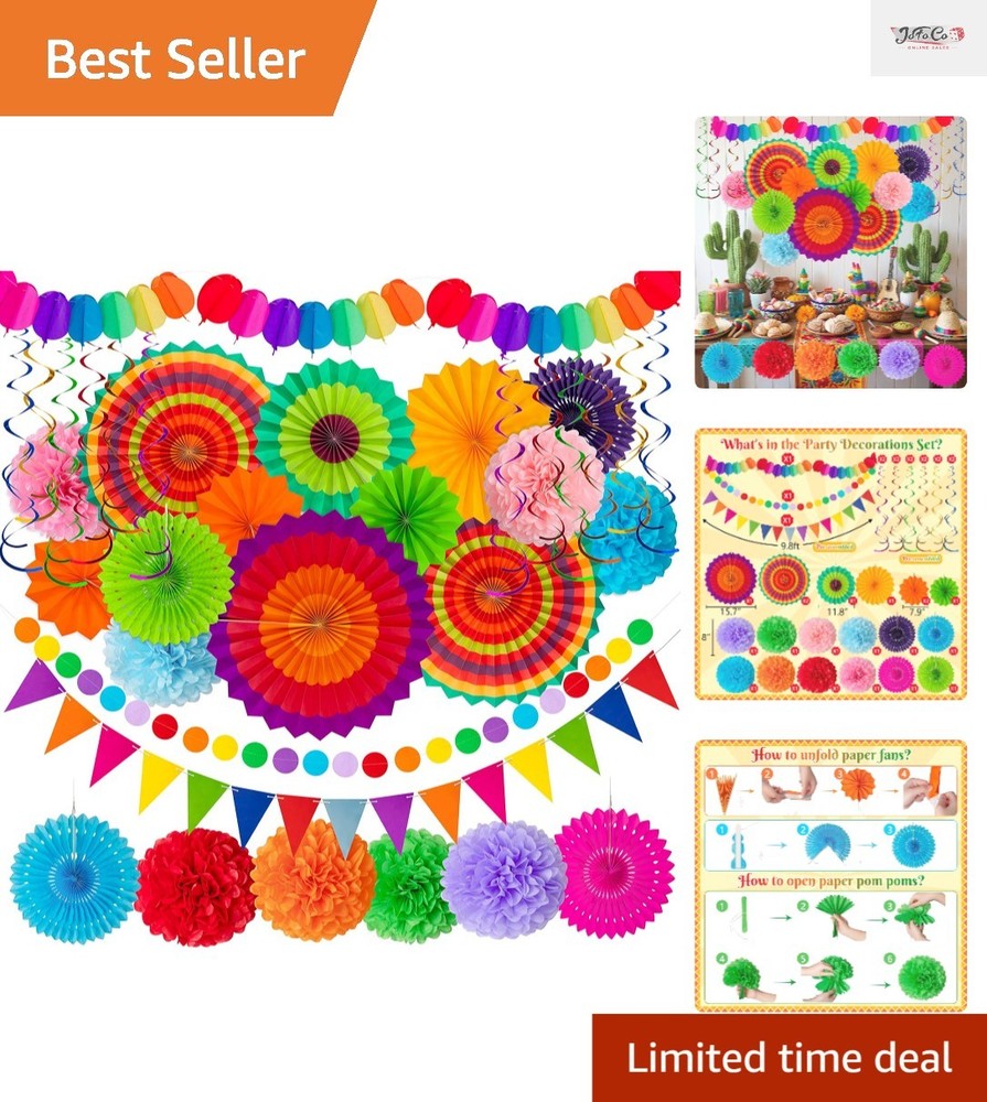 35PCS Hispanic Heritage Fiesta Decor: Paper Fans & Hanging Garlands