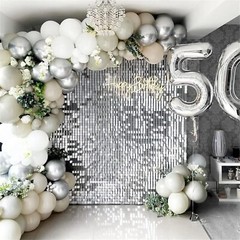 Silver Shimmer Wall Backdrop 20 pcs and Silver White Balloon Garland