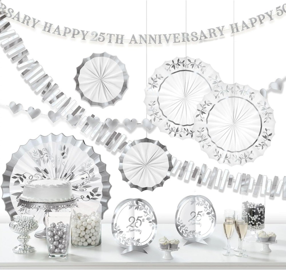 Happy 25th Anniversary Silver White Wedding Party Room Decorating Kit