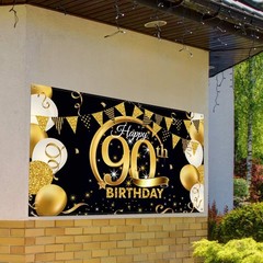 90th Birthday Party Decoration Extra Large Fabric Black Gold Sign Polyester