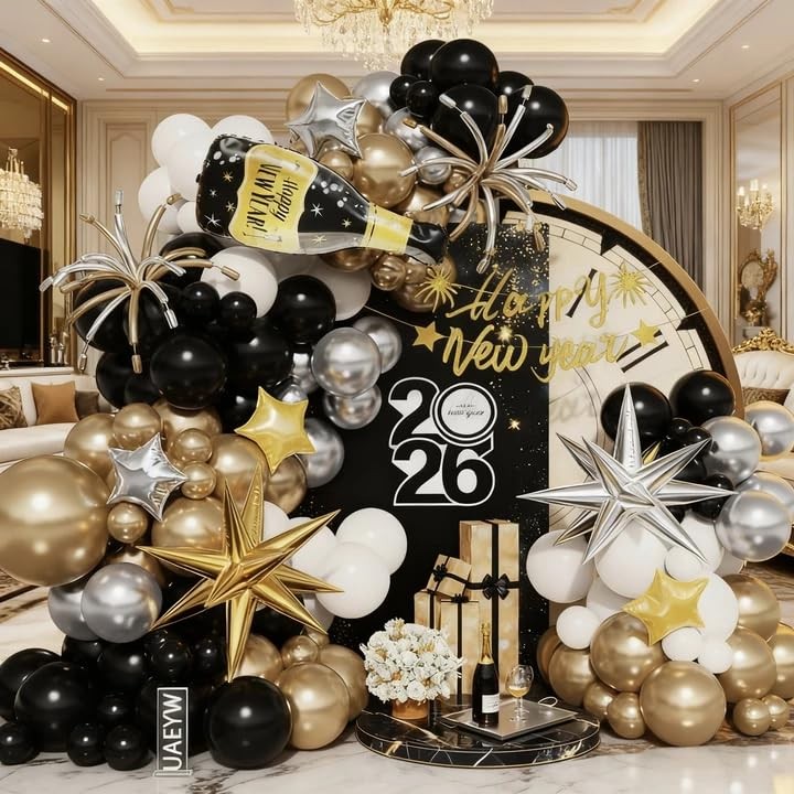 161Pcs Happy New Year Balloon Arch Garland Kit -Banner& Black Gold Silver Bal…