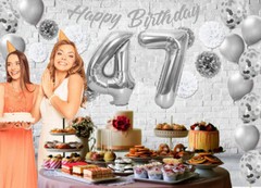 Silver & White 47th Birthday Decorations – 40″ Number Balloons &More-Boy or Girl
