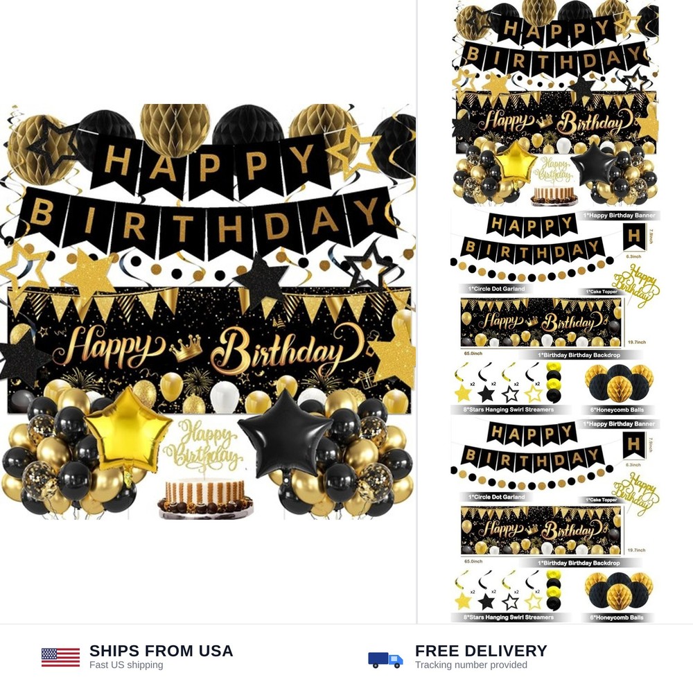 Gold Black Birthday Decorations, Happy Birthday Banner, Backdrop, Balloons, H…