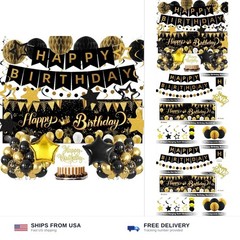 Gold Black Birthday Decorations, Happy Birthday Banner, Backdrop, Balloons, H…