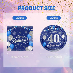 40PCS Happy 40Th Birthday Decorations Blue and Silver Cheers to 40 Years Plates