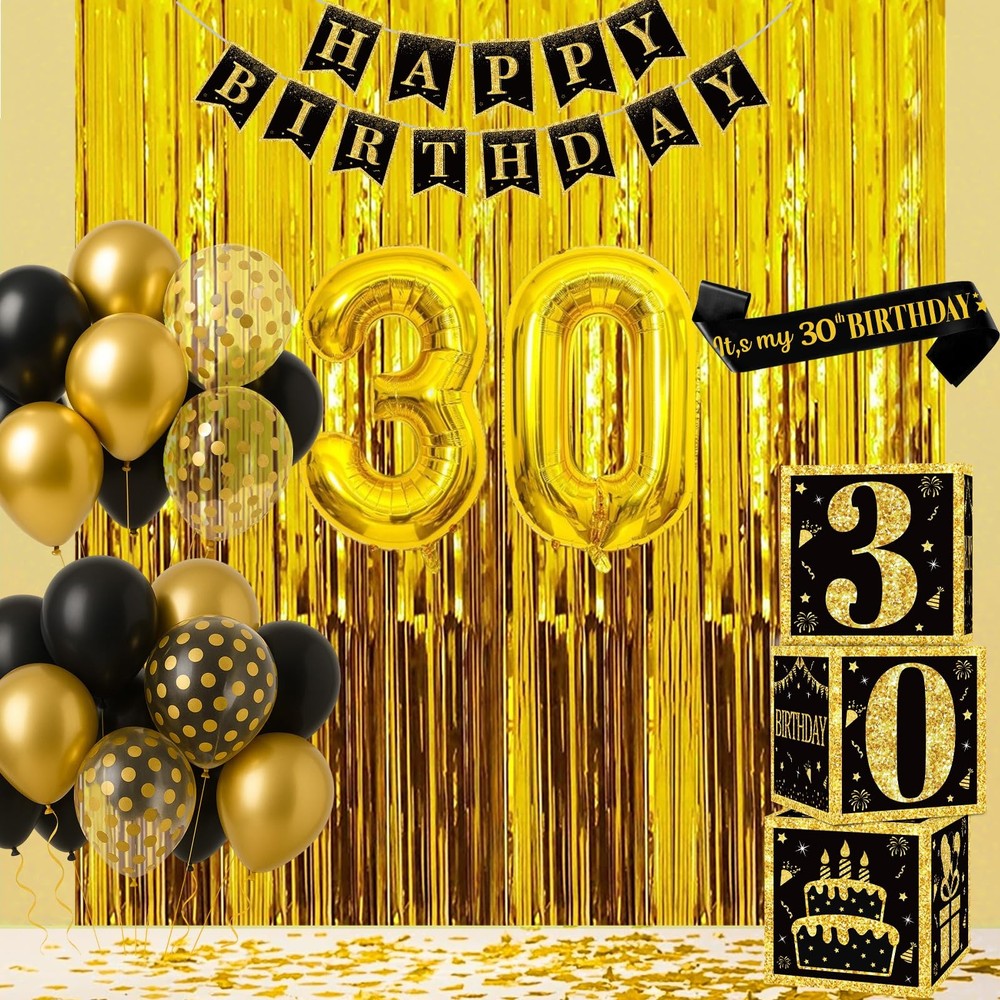 30th Birthday Decorations for Men Women, 50pcs Black and Gold Party Decoratio…
