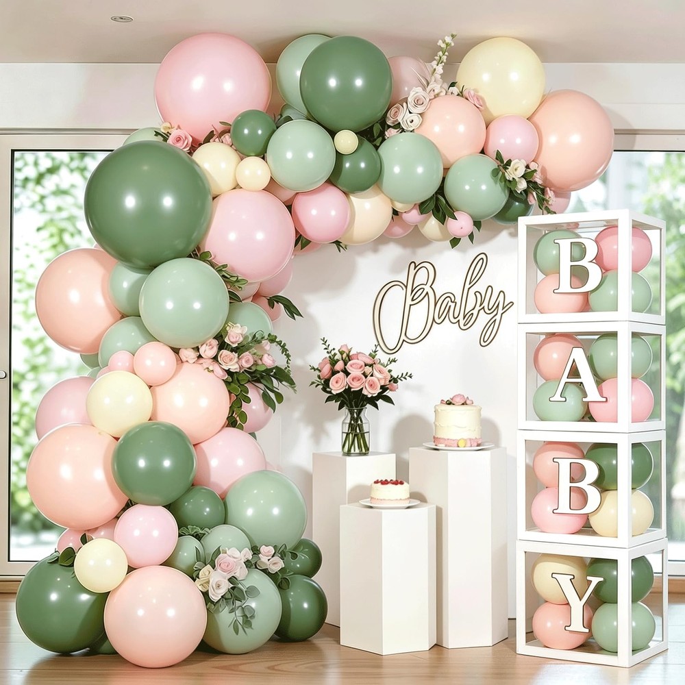Pink and Green Balloon Baby Shower Decorations for Girl, Sage Light Green Pin…