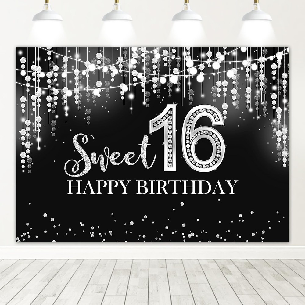 Mocsicka Sweet 16 Birthday Backdrop Glitter Silver 7x5ft,