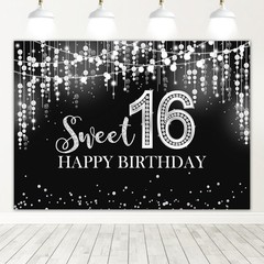 Mocsicka Sweet 16 Birthday Backdrop Glitter Silver 7x5ft,