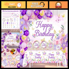 Purple Butterfly Birthday Party Supplies – 202 Pcs Floral Banner, Plates, Napkin