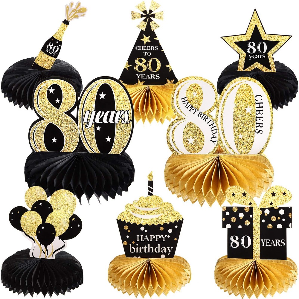 8 Pieces 80th Birthday Decorations Set, Happy 80th Honeycomb Centerpieces Tab…