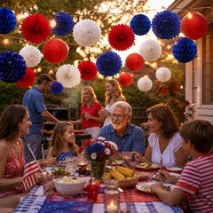16 Pcs Navy Blue Red White Hanging Party Decoration Kit, Tissue Paper Pom Pom…