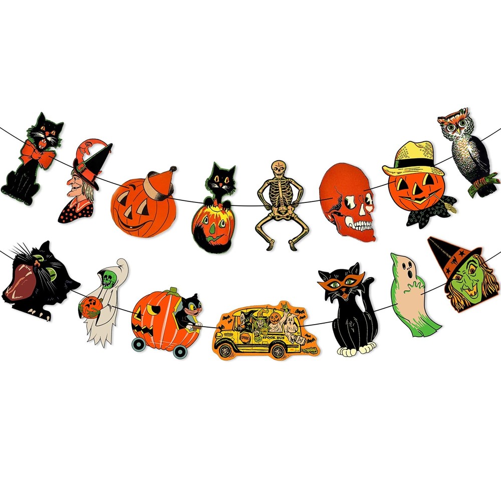 Vintage Halloween Garland Banner Decorations, Retro Pumpkin Orange and Black