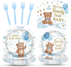 96 Pcs Baby Shower Party Decorations Tableware Set, Blue Bear Disposable Dessert