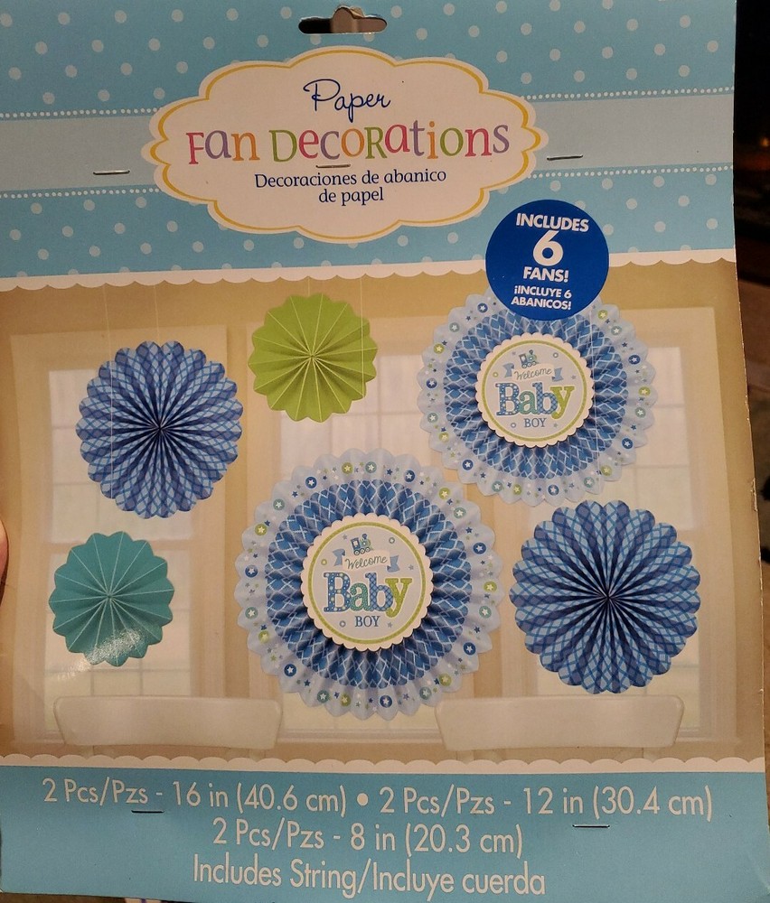 6 Paper Fan Decorations «WELCOME BABY BOY!» BABY SHOWER – BLUE TRAINS