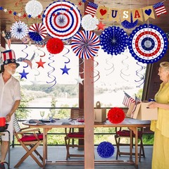 4th of July Decorations 26 PCS Red White Blue Paper Fans Banner Swirls