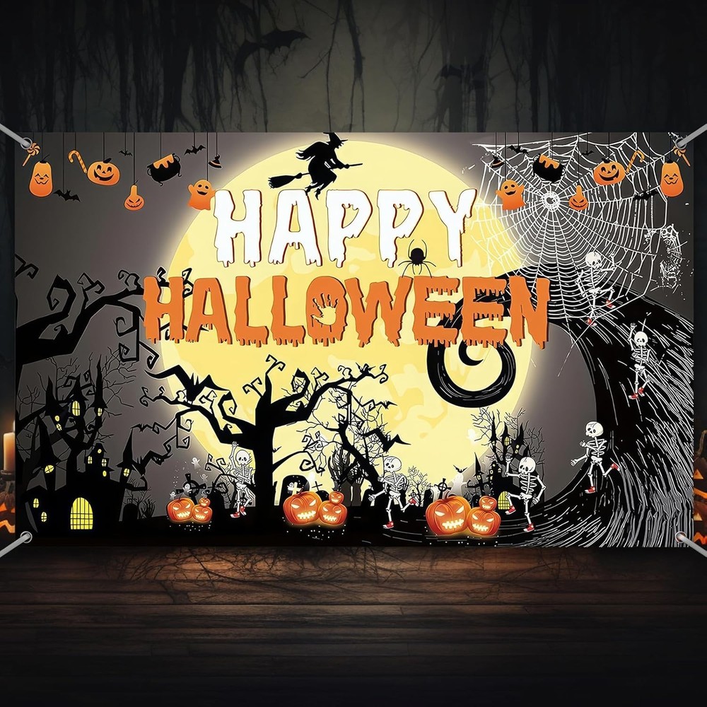 Happy Birthday Halloween Backdrop,Horror Theme Pumpkin,Ghouls,spide,Moon,Witch P