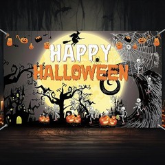 Happy Birthday Halloween Backdrop,Horror Theme Pumpkin,Ghouls,spide,Moon,Witch P