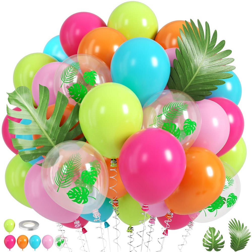 Tropical Balloons, 50 Pcs Teal Blue Orange Hot Pink Pastel Light Green Balloo…