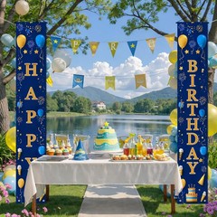 Door Banner 12×71 Inch Vertical Hanging Decoration Gold Blue Happy Letter Sig…