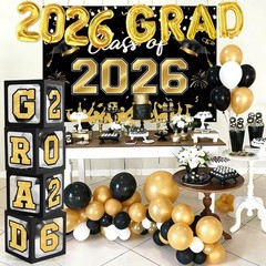 2026 Graduation Decorations – 123pcs Black Gold Balloon Arch Kit & Backdrop Supp