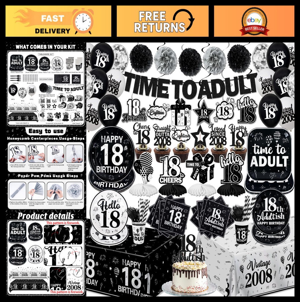 18th Birthday Party Decorations for Boys & Girls – Black & White Banner, Plates,
