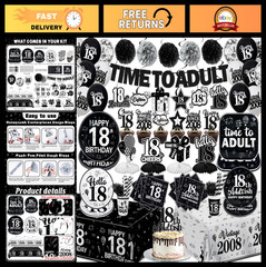 18th Birthday Party Decorations for Boys & Girls – Black & White Banner, Plates,