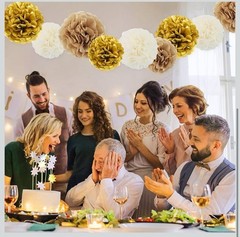 12 PCS Gold White Brown Tissue Paper Pom Poms Wedding Bday Party Hanging Decor