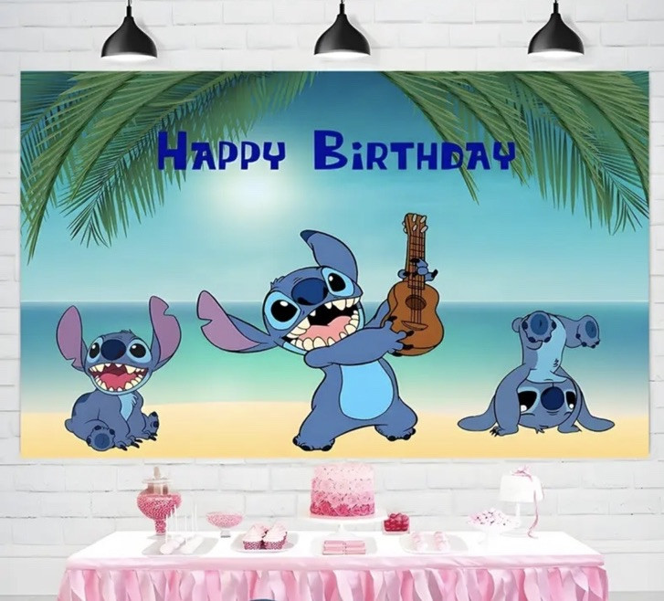 Lilo & Stitch Happy Birthday Surprise Cake Banner 40X60″ Backdrop Wall Decor