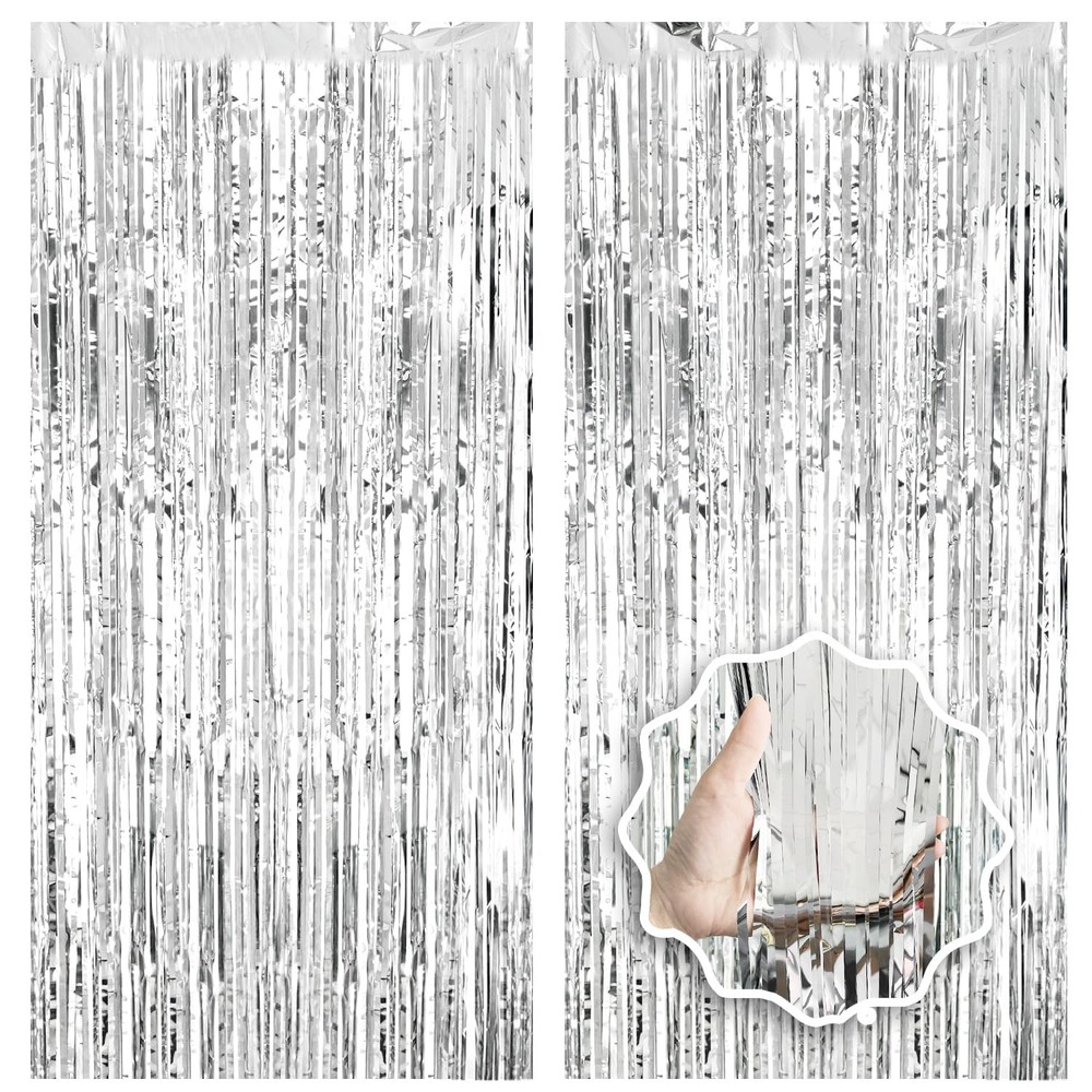 Foil Curtain Backdrop 2 Pack Silver Tinsel Party Decorations Streamers