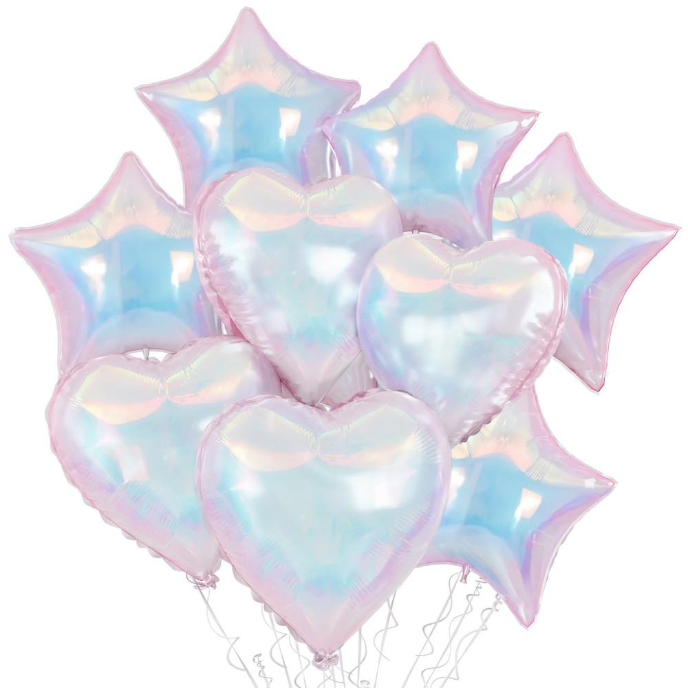 9Pcs Iridescent Foil Balloons, 18in Heart Star Iridescent Balloons Large Holo…