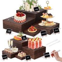 8 Size Nested Buffet Risers W/ Mini Signs 8PCS Rustic Wooden Cake & Dessert