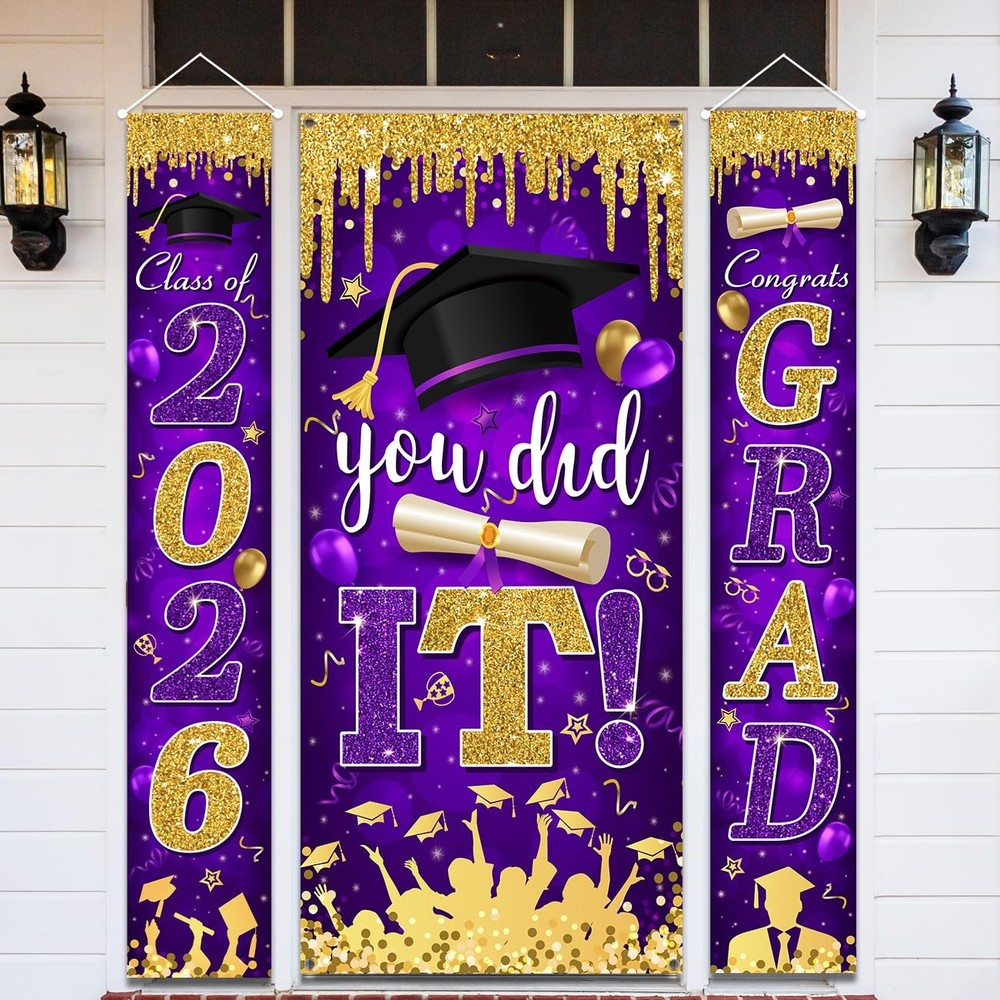 Graduation Decorations Class of 2026 Purple and Gold Congrats Grad Banner and Yo