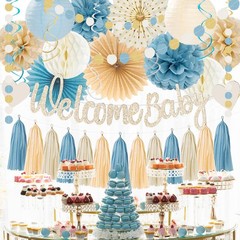 Light-Dusty Blue Boho Baby Shower Party-Decorations Beige Champagne Boy Neutr…
