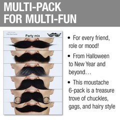Self Adhesive Fake Mustache Mix, Novelty, False Facial Hair Value Pack (6pcs.)
