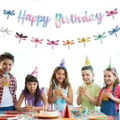 Dragonfly Happy Birthday Banner Iridescent Insect Sign Hanging Paper Birthday Pa