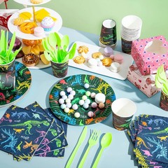 Dino Birthday Party Set 145pc 24 Guests Cups Napkins T-Rex Banner Plates Cutlery