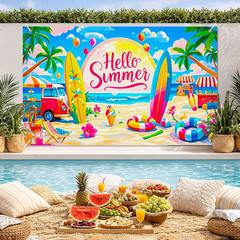 Hello Summer Banner 71X43 Inches Beach Party Decorations Hawaiian Tropical Backd