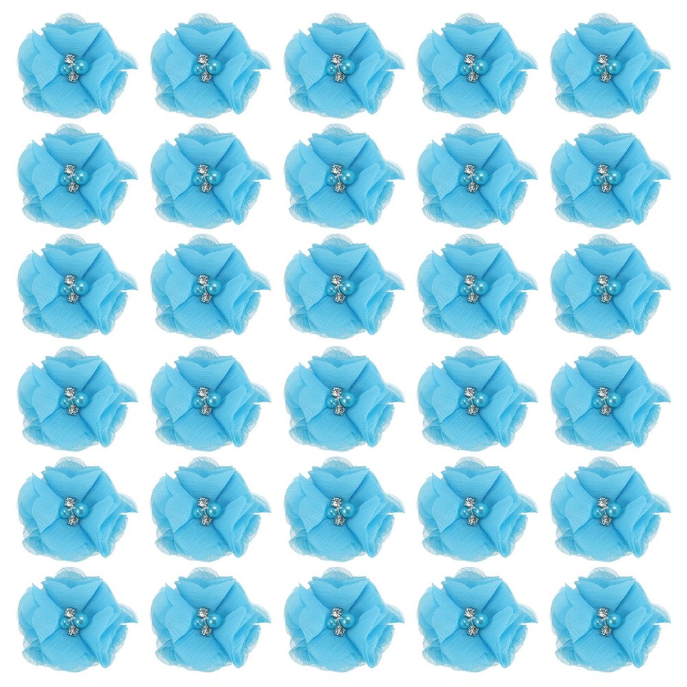 30Pcs 2″ Chiffon Flowers with Rhinestone Pearl Sewing Fabric Flowers, Lake Blue