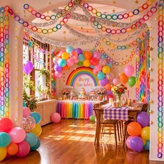 338 Pcs Rainbow Party Decoration 300 Sheets Chain Strips and 26.2ft Sliver Fr…