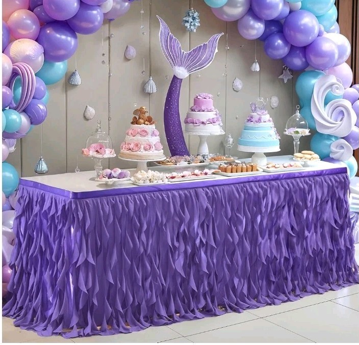 Mermaid Purple Tulle Curly Willow Table Skirt for Rectangle Table 9ft, Ruffle…