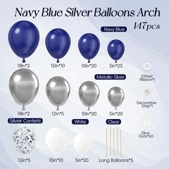 147pcs Navy Blue and Silver Balloon Garland Arch Kit, 18 12 10 5 inch Royal B…