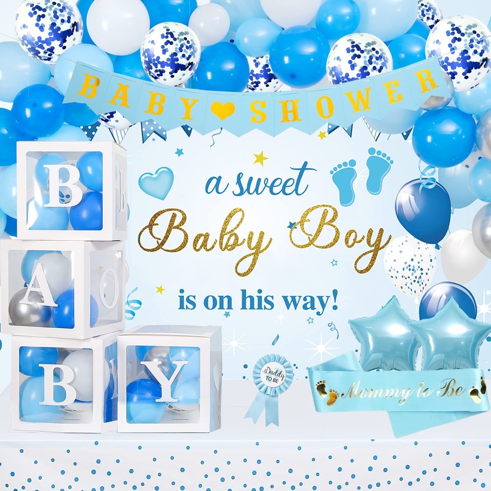 Baby Shower Decorations for Boy, Blue Baby Party Decor Kit with Balloons Boxe…